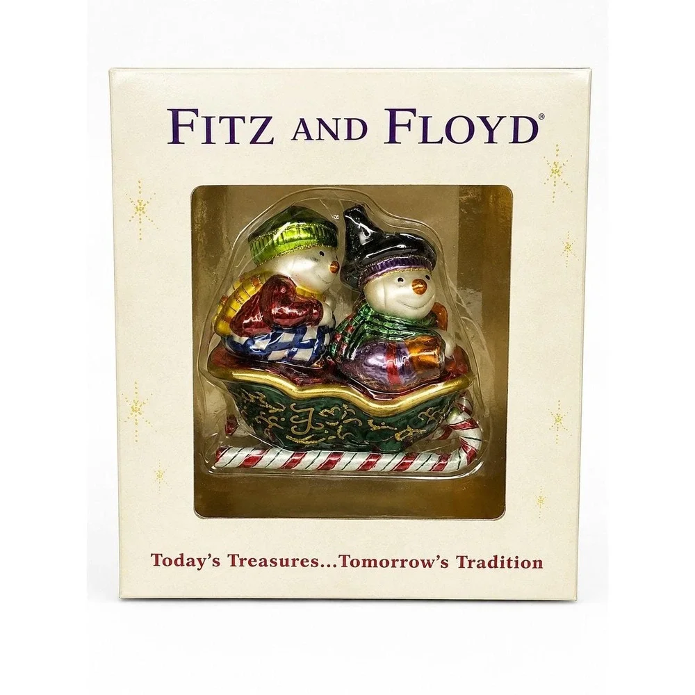 Fitz and Floyd Snowmen Sleigh Christmas Ornament Glass Holiday Decor w/ Box